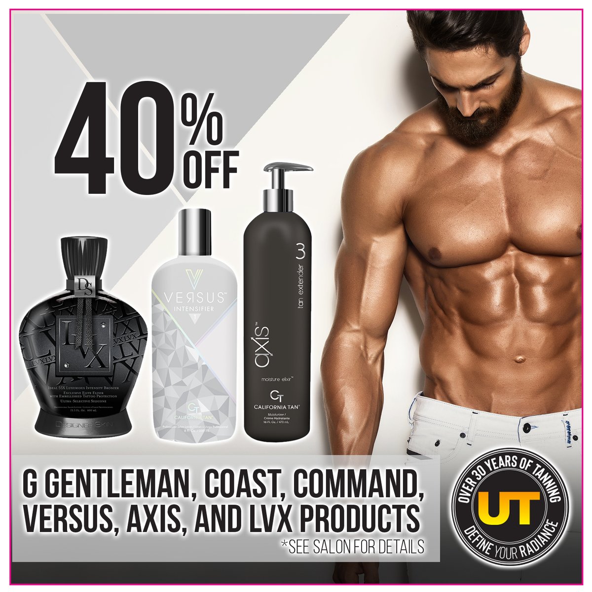 UltratanToday's tweet photo. Bring dad in for his Free Tan at #UltratanToday or tomorrow only! Also get 40% Off G Gentlemen, Coast, Command, Axis, Versus, and LVX bottles, and $19.95 off any membership you join! Cannot be combined with any discounts, coupons or offers. See salon for details. #FathersDay https://t.co/Xn5ixvZOiO
