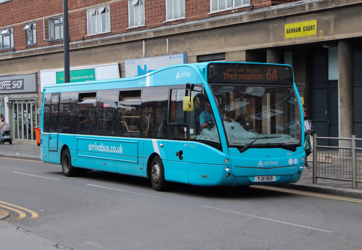 Arriva Midlands Optare Versa 2957 YJ11 OKD by Haymarket bus station, Leicester on the 6A to Thurmaston