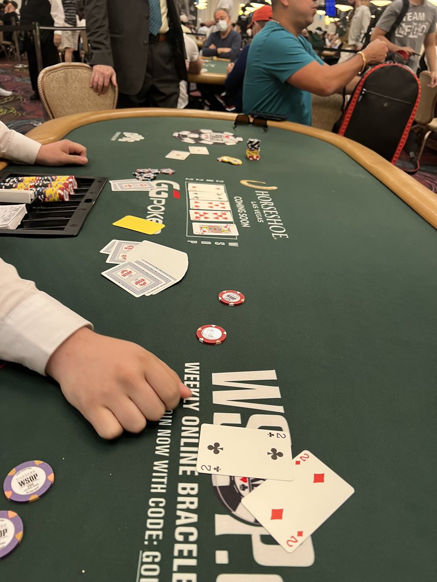 TomWheaton_'s tweet photo. Welcome to @WSOP! #MillyMaker
1st hand: Set of 2s we get it all-in on flop & hold vs the world.
5th hand: Set of 2s we get it all-in on flop vs AA & lose runner runner β€οΈs.
Love it. Hate it. π¦ π¦!
#WarmedUp https://t.co/bU5RqGQTyH