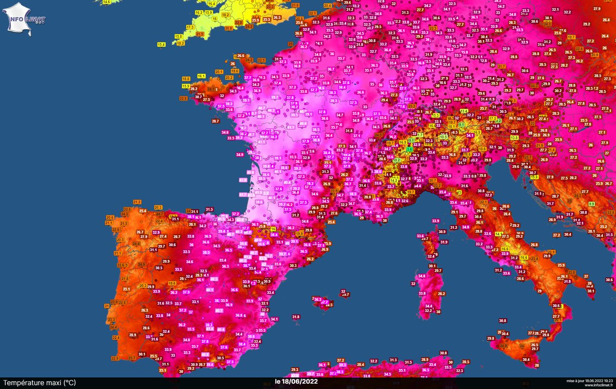 andersbrandt69's tweet photo. 1) Historisk varm dag i det sydvestlige Europa🔥
Med over 200 stationer, der har slået ny rekord for juni og mere end 20 stationer med ny absolut varmerekord - er det næsten helt uoverskueligt😲
Flest rekorder slået i Frankrig🇫🇷 https://t.co/N9YKohpBmo