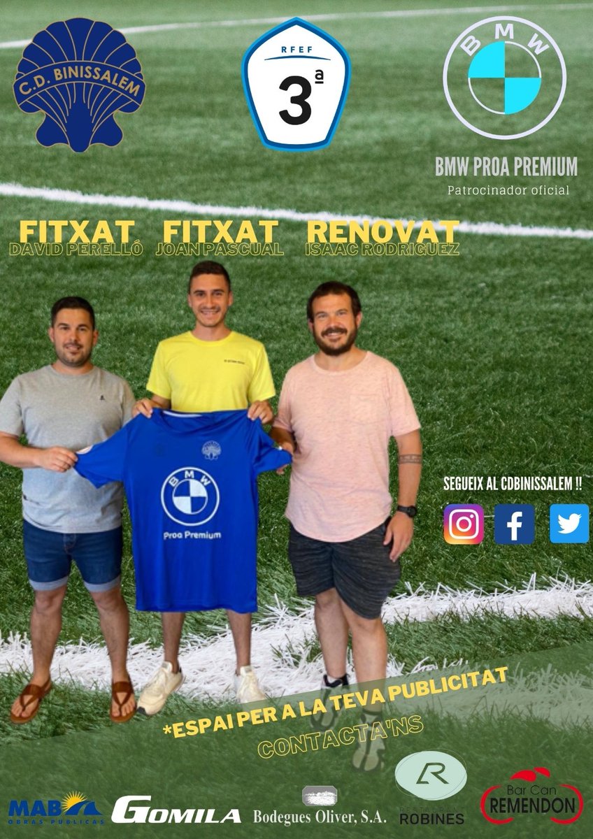 A l’equip tècnic del projecte @cdbinissalem 2.0 d'en <a href="/Llellucoach/">Miquel Angel Ferrer Pol</a> s’incorpora en Joan Pascual <a href="/JPascual93/">Juan Pascual</a> com a 2n entrenador i en David Perelló <a href="/Perello23/">David Perello</a> d’entrenador assistent. En la gestió de les ABPs hi segueix n’Isaac Rodríguez <a href="/isaacespochi/">isaac rodriguez</a> 
💪💪💙💙