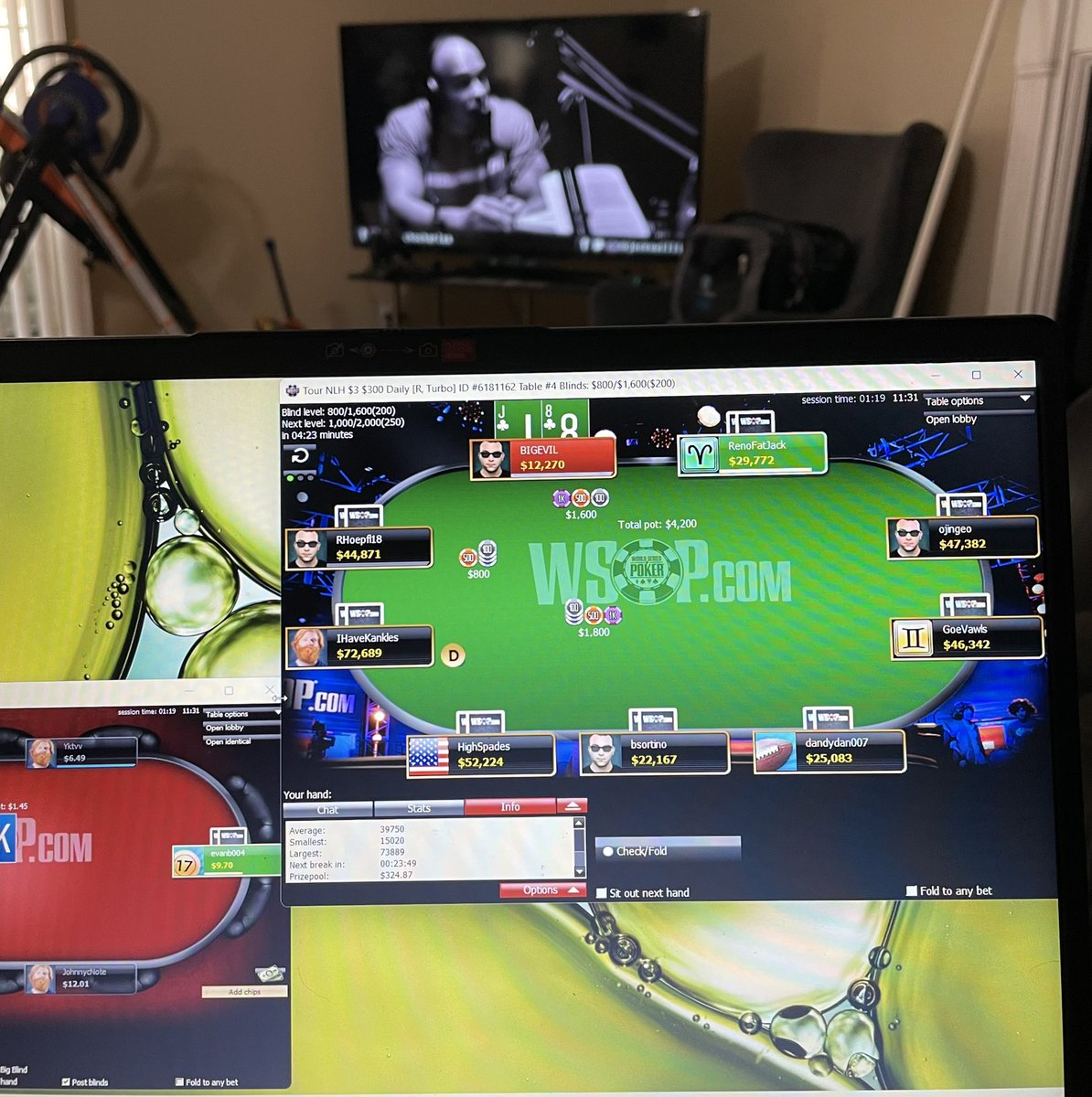 Smalleyvegas's tweet photo. So I was just kinda hanging out playing a tournament and before you know it, my table turned all weird and green…
Must’ve been hacked 😂
Just kidding, we find some long overdue
#FinalTableHype
6th in chips w 9 to go let’s just win https://t.co/t3TgRTKb1y