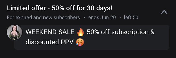 Weekend sale ✨ 50% off &amp; discounted PPV 🥵 - - - - - #sale #50percentoff #discount #onlyfans #onlyfanssale<a href="/tag/sale"class="tags">#sale</a><a href="/tag/pride"class="tags"><span>#pride</span></a><a href="/tag/discount"class="tags"><span>#discount</span></a><a href="/tag/adultcontent"class="tags"><span>#adultcontent</span></a><a href="/tag/onlyfans"class="tags"><span>#onlyfans</span></a><a href="/tag/tiktok"class="tags"><span>#tiktok</span></a>