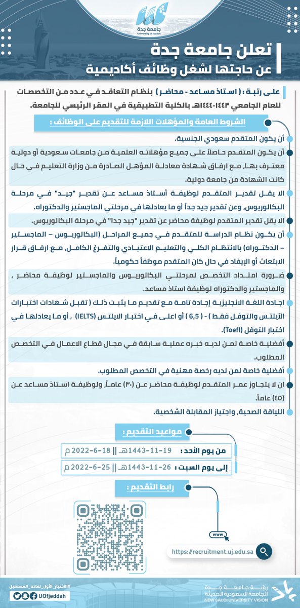 UOfjeddah's tweet photo. 📢إعلان | تعلن #جامعة_جدة عن حاجتها لشغل وظائف أكاديمية ( أستاذ مساعد ، محاضر) بنظام التعاقد في عدد من التخصصات للعام 1443-1444هـ بالكلية التطبيقية بالمقر الرئيسي للجامعة. 
لمزيد من التفاصيل يرجى زيارة المنصة الإلكترونية للإستقطاب: https://t.co/bO1m3ACfjO https://t.co/7Vq1uW5YVV