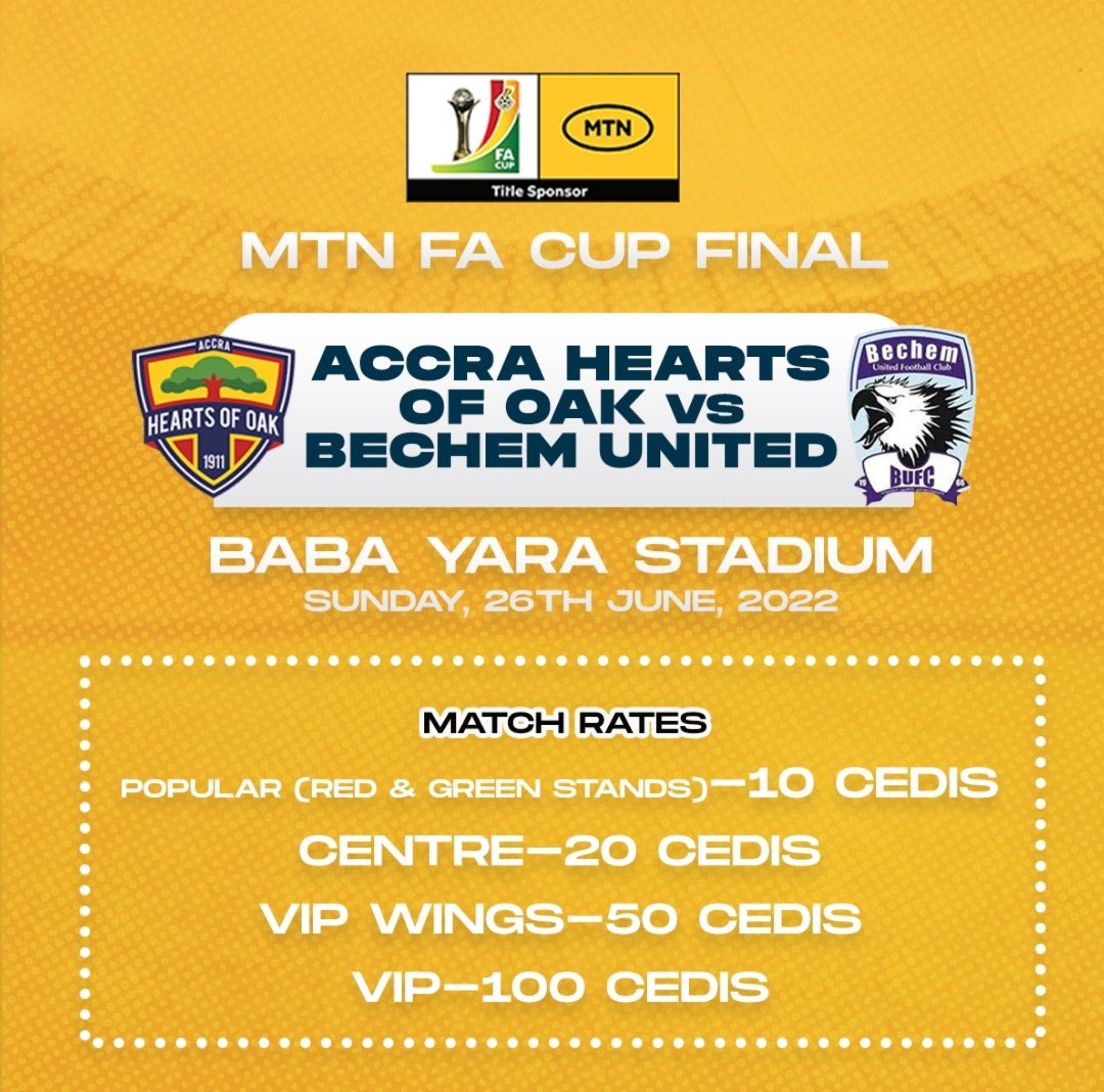 PHAddo's tweet photo. Baba Yara Sports Stadium to host the last match of the elite football season. 
@MTNFACupGH 
Two former champions will aim to win the Cup again and a trip to Africa 
Check the reduced gate prices https://t.co/3dwHwz1J1I