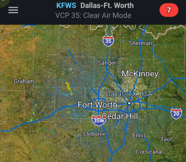 PWXDallas's tweet photo. Isolated thunderstorms are beginning to form to the west of the metroplex. None of which are severe, no severe weather is expected. Currently (close to) at DFW airport, 
- 94° (Real feel 101°)
- Partly cloudy
- Light breeze https://t.co/wHyfmqzjhh