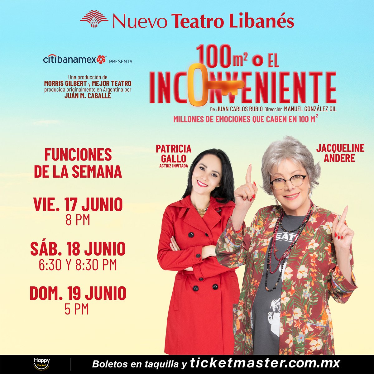 ¡No olvides que hoy tienes una cita con #JacquelineAndere y <a href="/PatriciaChefMx/">Patricia Gallo</a> para disfrutar de <a href="/100m2Obra/">100m² o el inconveniente 🔑</a> en el Nuevo Teatro Libanés 🔑🏬!

👉 bit.ly/100m_boletos