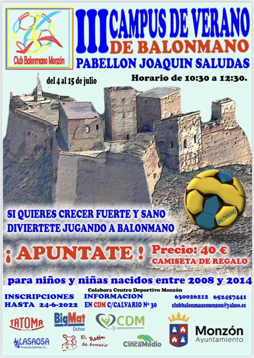 monzon_bm's tweet photo. III CAMPUS DE VERANO BALONMANO MONZÓN 

📅Dos primeras semanas de Julio (L-V)
⏰10:30 a 12:30h

INSCRIPCIONES EN: CENTRO DEPORTIVO MONZÓN (C/Calvario 30, Monzón).

¡TE ESPERAMOS! 🤾 🤾🏻‍♀️

#monzon #balonmanomonzon #centrodeportivomonzon https://t.co/jXOjLGz0XE