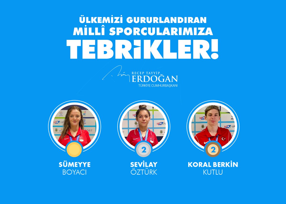 Portekiz’de düzenlenen Dünya Para Yüzme Şampiyonası’nda 1 altın, 2 gümüş ve 2 bronz madalya kazanan millî sporcularımızı tebrik ediyor, büyük emek ve gayretle ülkemizi temsil eden millîlerimize şahsım ve milletim adına şükranlarımı sunuyorum. 🇹🇷