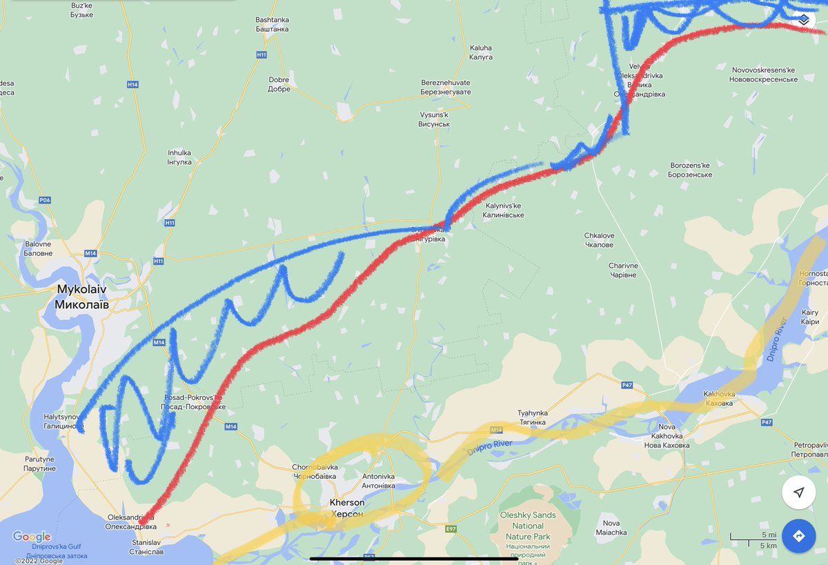 Territory taken back in the last three weeks (in blue) - current front line is red - Kherson and Dnipro in orange.