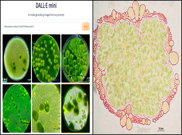tk_ozawa's tweet photo. Comparison between a fake image of #microalgae generated by #Dallemini and a real micrograph of the colonial green alga #Botryococcus braunii (Showa strain) when it is secreting droplets of triterpene #hydrocarbons. https://t.co/UHuqFH78xJ