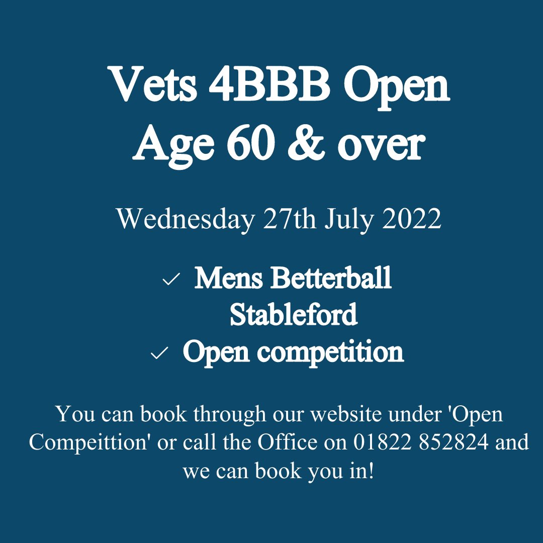 Yelvertongolf's tweet photo. Vets 4BBB Open 27th July⛳️
Open to non-members, Mens Better Ball Stableford.
Book now through our website through “Open Competitions” or call 01822 852824, Option 1 to make your booking!
@PLsportsnews @swsportsnews #devongolf #opencomp https://t.co/o8sbBJ9S23