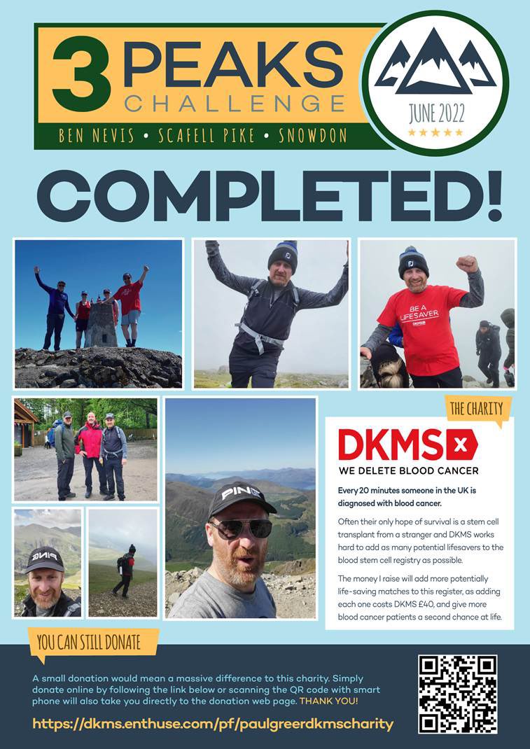 I completed the 3 peaks challenge last weekend I really would love to be able to hand over a cheque next year with a figure in excess of £5000 if you’ve already sponsored me thank you so much, if you haven’t but could it would be greatly appreciated
 
dkms.enthuse.com/pf/paulgreerdk…