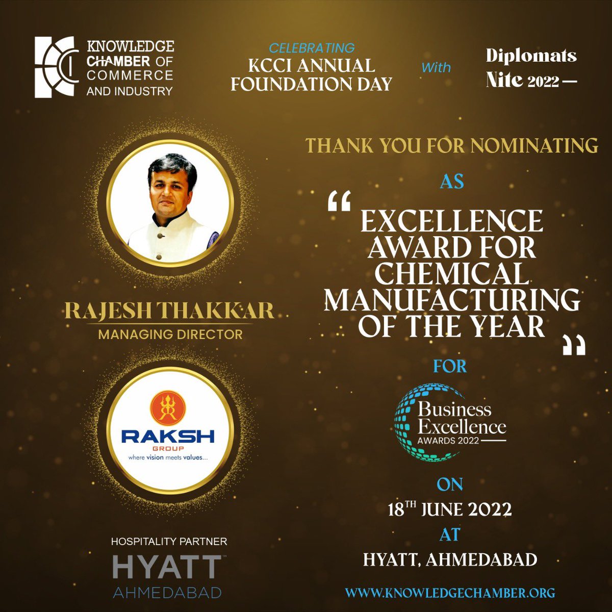 rajeshravechii's tweet photo. Proud Moment 🏆

We have won the “Excellence award for chemical manufacturer of the year award 2022 “ Knowledge Chamber Of Commerce “by honorable minister Shri Purushottam Rupala and actress Amisha Patel. Thanks KCCI for this honour. 
#KnowledgechamberofCommerce https://t.co/ZBZortg8er