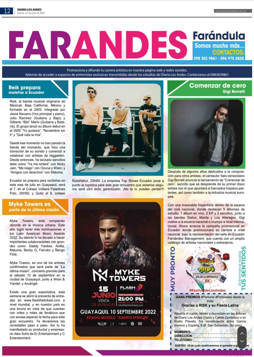 Invadimos TU PLANETA FM 🌍 100.5 

#Farandes de <a href="/andesdiario/">Diario Los Andes</a>.ec &amp; PLANETA 🌍
Para la región central en circulación 
<a href="/reikmx/">REIK</a> y su concierto en julio <a href="/TOPSHOWSECUADOR/">TOP SHOWS</a>

Y conoce un poco más de <a href="/myketowers/">MT</a> en La Última misión #Concierto 
<a href="/ale0379/">alejandra roman</a>