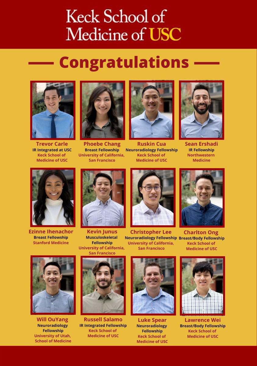 Here they are! Fellowship match results for the USC Radiology Class of 2023. Coming soon to a reading room near you 😎 … #fellowshipmatch #radres #uscrads #radiology #mskradiology #breastradiology #interventionalradiology #neuroradiology @USC @KECKSchool_USC