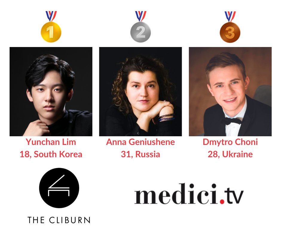 medicitv's tweet photo. [#Cliburn2022] 🏆🎹 Breaking news from @thecliburn: the medalists of the 2022 Van Cliburn Competition are… 🥇Yunchan Lim (18, South Korea), 🥈 Anna Genuishene (31, Russia), and 🥉 Dmytro Choni (28, Ukraine)! Rewatch their medal-winning performances: https://t.co/5iiRDW3ETd 🏆🎹 https://t.co/bw62ExwRtm