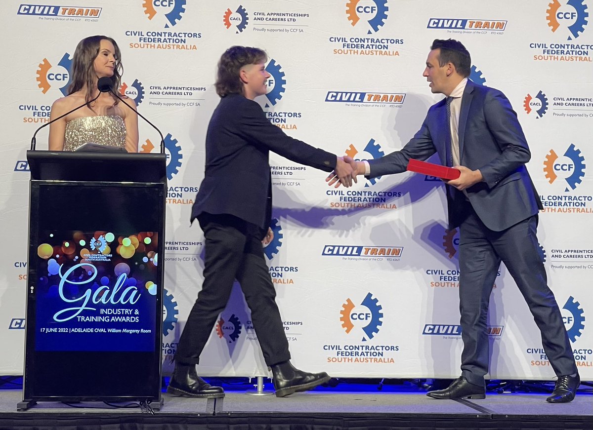 Congratulations to Evan Allan, winner of the 2022 Harry Wauer Memorial Award for Apprentice of the Year at the Civil Construction Industry gala industry and training awards Friday night <a href="/CCF_SA/">Sa Ccf</a> #CCFSAGALA2022