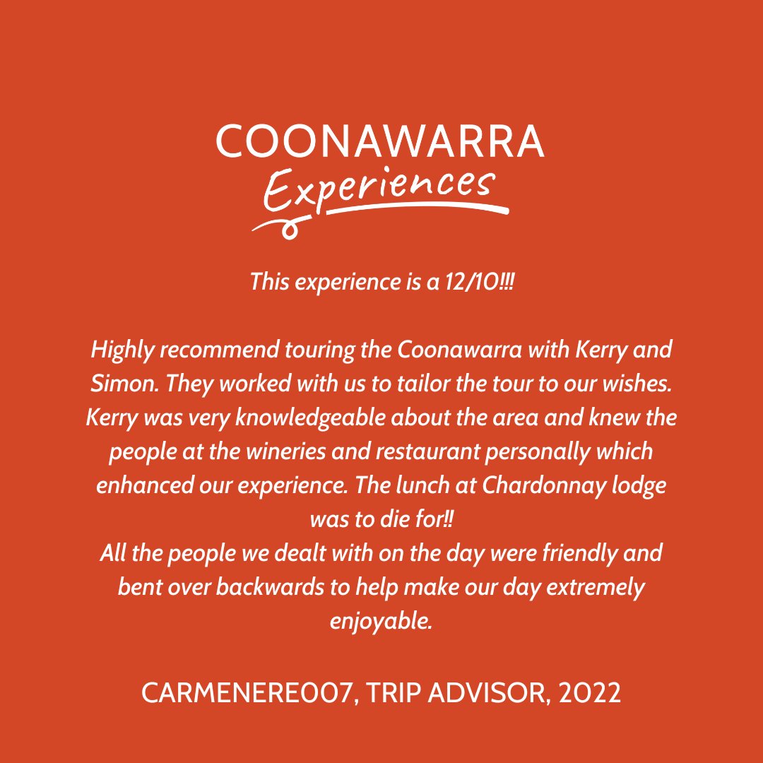 12 out of 10!!!

Thanks for your amazing review guys. 🍷

#tripadvisor #greatreview #coonawarra #coonawarraexperiences #seesouthaustralia #VisitLimestoneCoast
