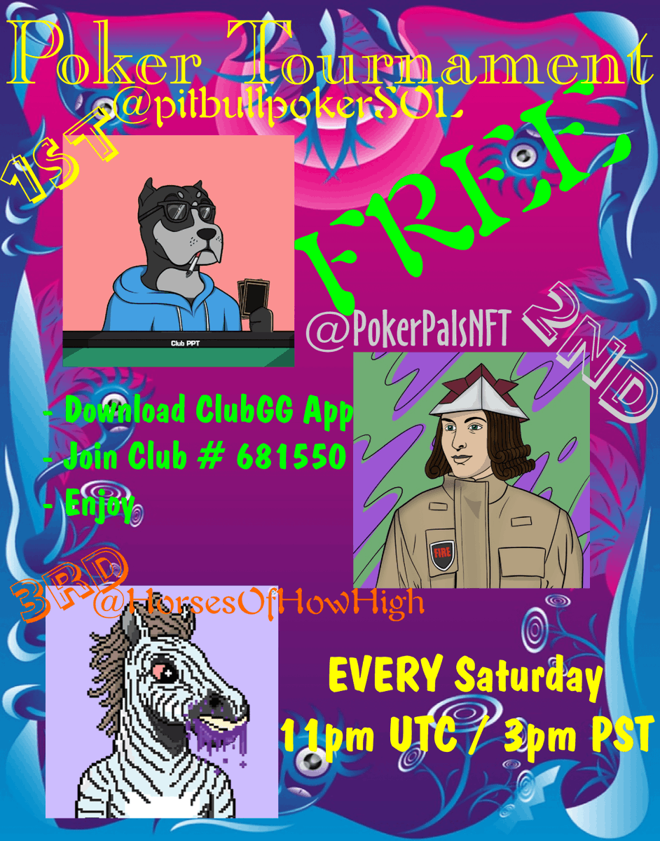 Today's Prizes are as follows!
1st - @pitbullpokerSOL 
2nd - <a href="/PokerPalsNFT/">Poker Pals NFT | MINT LIVE</a> 
3rd - <a href="/HorsesOfHowHigh/">Horses of How High (🐴,🐴)</a> 
Good Luck &amp; Enjoy! 
#NFT #NFTcommunity #PokerNFT #Poker #PokerOnline #NFTLife #SolanaNFT #nftcollector #PokerLife #FreeforAll