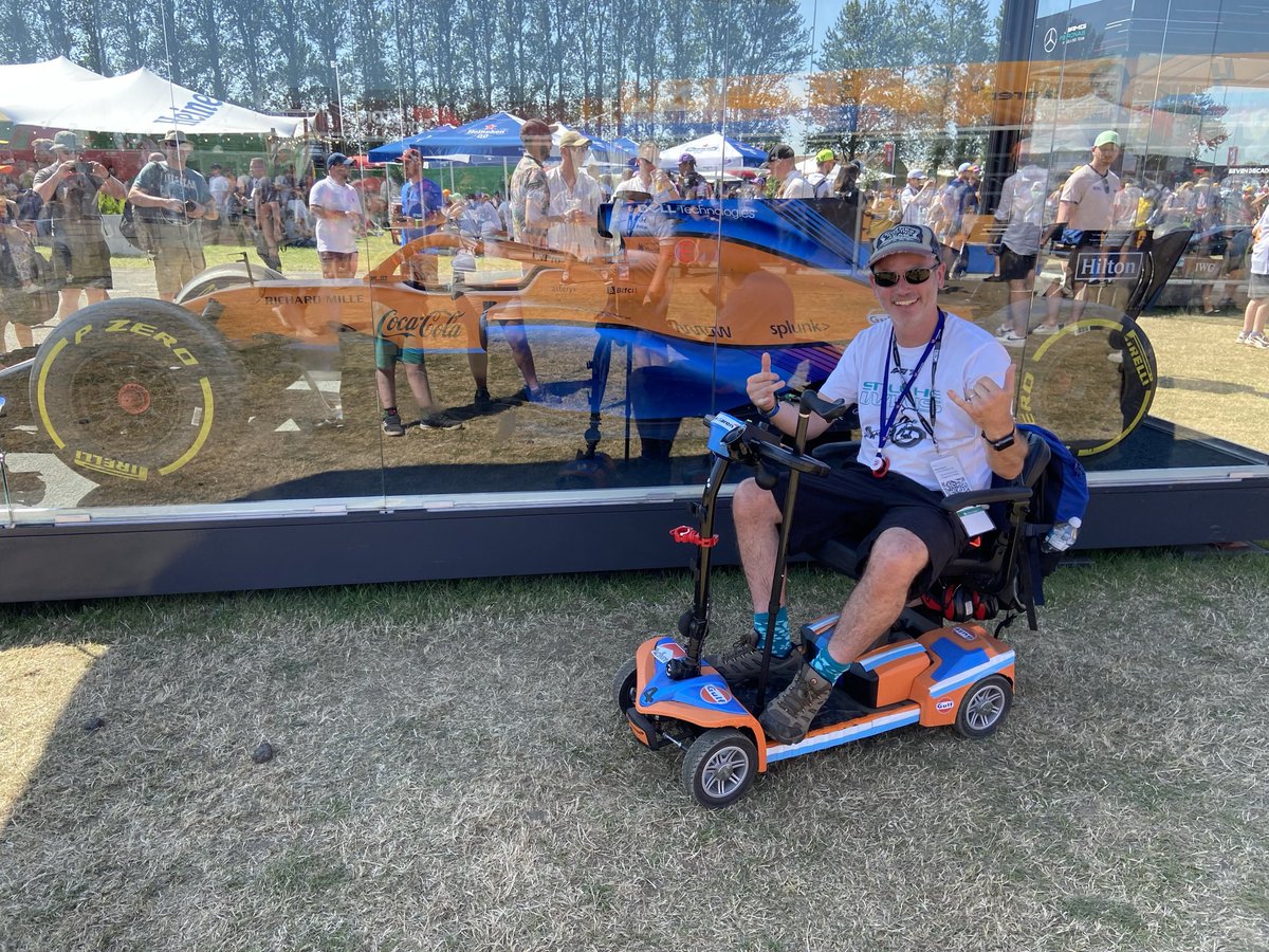 <a href="/McLarenF1/">McLaren</a> <a href="/LandoNorris/">Lando Norris</a> <a href="/danielricciardo/">Daniel Ricciardo</a> Hello my husband is a massive fan.He has MS &amp; is blind. He will be at Silverstone from 29/6 &amp; it would make his year to meet you!or at least do a lap in his Omeo chair!PLEASE! 🧡💙🏁