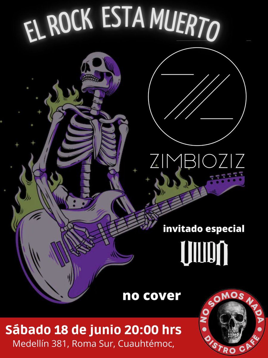 Nos vemos hoy a partir de las 8 p.m. en No Somos Nada Distro Café! 
Gracias a los amigos de <a href="/zimbioziz/">Zimbioziz</a> por la invitación! 
Entrada libre! 🖤🤟🏼
#rock #music