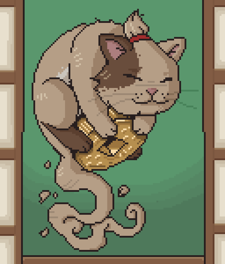 NetherYam's tweet photo. Absolutely loved the demo of @CheeseMaster_Pr and @nomorerobotshq 's #Spirittea, so I wanted to do a little drawing of Wonyan the cat! Plus a little pixel version. Check out the demo if you haven't already, it's super fun! https://t.co/Yf57PG0w6l