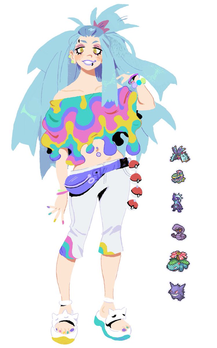 rainbowmancer's tweet photo. designed a poison type trainer! she's a makeup artist... in a hypothetical game she's an NPC you run into periodically that gives you new player customization options if you beat her https://t.co/uwqnSZiW4l