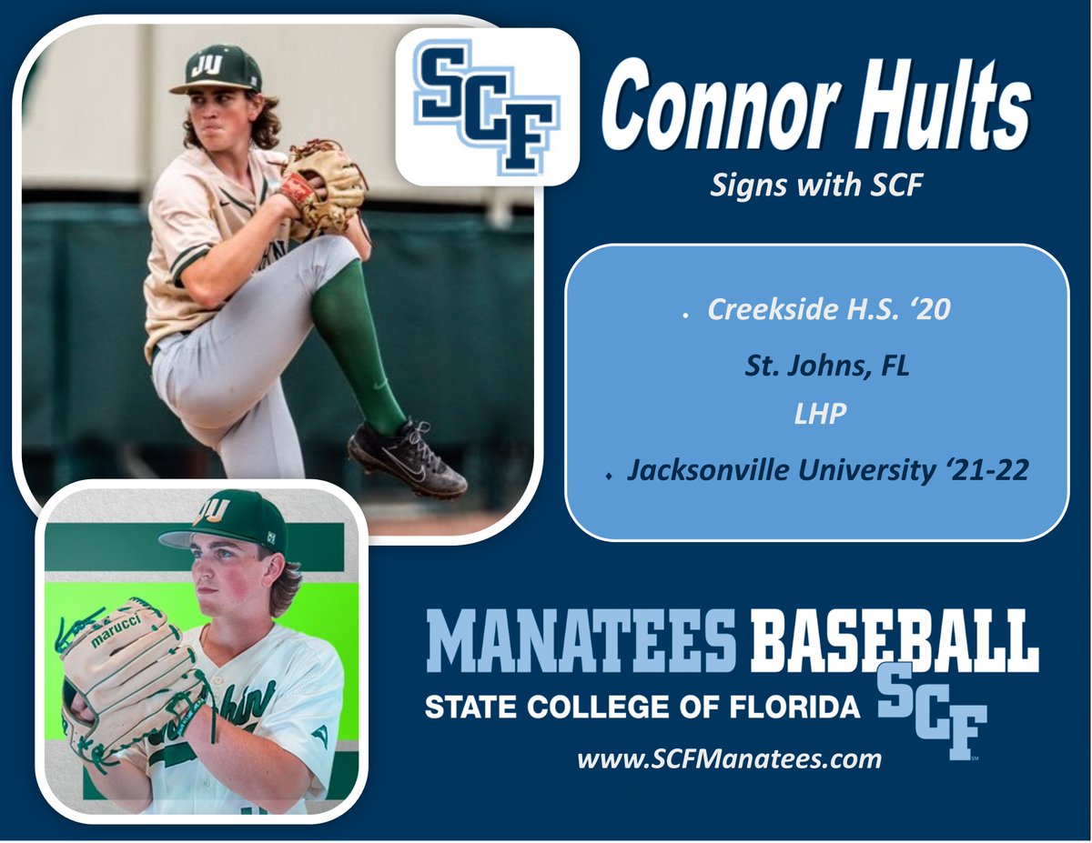 SCFBaseball's tweet photo. Excited to announce the signing of Connor Hults to SCF Baseball!!! Outstanding addition to reloading the MANATEES this summer! @scfmanatees #SCFReload https://t.co/3NFXuSqOlq