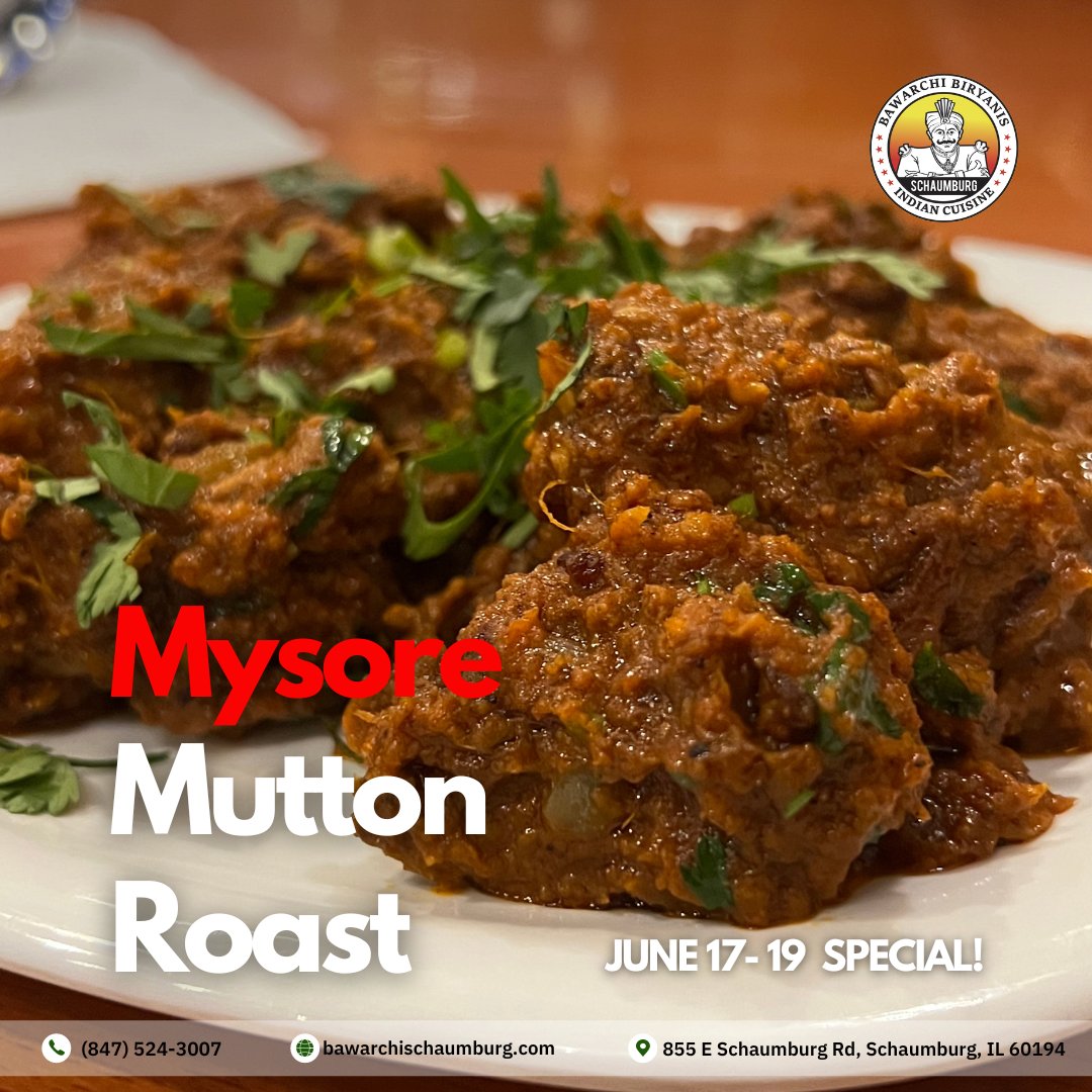 An absolute must-try! Get the Mysore Mutton Roast special before it’s too late. 😍 🍖

👉 (847) 524-3007 | bawarchischaumburg.com

#bawarchi #bawarchibiryani #bawarchibiryanischaumburg #restaurant #indianfood #weekendspecials #indiancuisine #mutton #mysoremuttonroast
