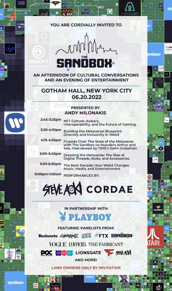 TheSandboxGame's tweet photo. 🔥 @TheSandboxGame  invites you to 2 days of cultural conversations and entertainment presented by 
@andymilonakis 👉https://t.co/17AOUO6iHm

🔹Panels on Culture, Diversity, Fashion, Web3, Media, Entertainment
🔹Community Networking
🔹Workshops
🔹Music

See detailed schedule 👇 https://t.co/r4ixOQS7zB