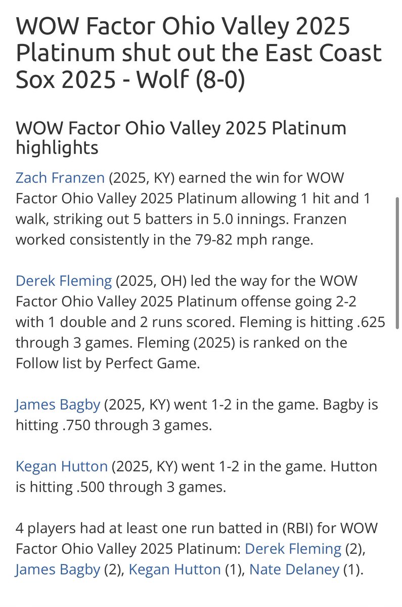 WOW Factor OH Valley Regional 2025 (@2025_wowohv) on Twitter photo Great win to start the day here <a href="/USAStadium/">PG at USA Stadium</a>. <a href="/dfleming2025/">Derek Fleming</a> and <a href="/jjbagby_0/">jj bagby</a> are hitting .625 and .700 on the weekend to lead the way. <a href="/WowFactorNation/">Wow Factor Baseball</a> @FactorKy Great win to start the day here <a href="/USAStadium/">PG at USA Stadium</a>. <a href="/dfleming2025/">Derek Fleming</a> and <a href="/jjbagby_0/">jj bagby</a> are hitting .625 and .700 on the weekend to lead the way. <a href="/WowFactorNation/">Wow Factor Baseball</a> @FactorKy
