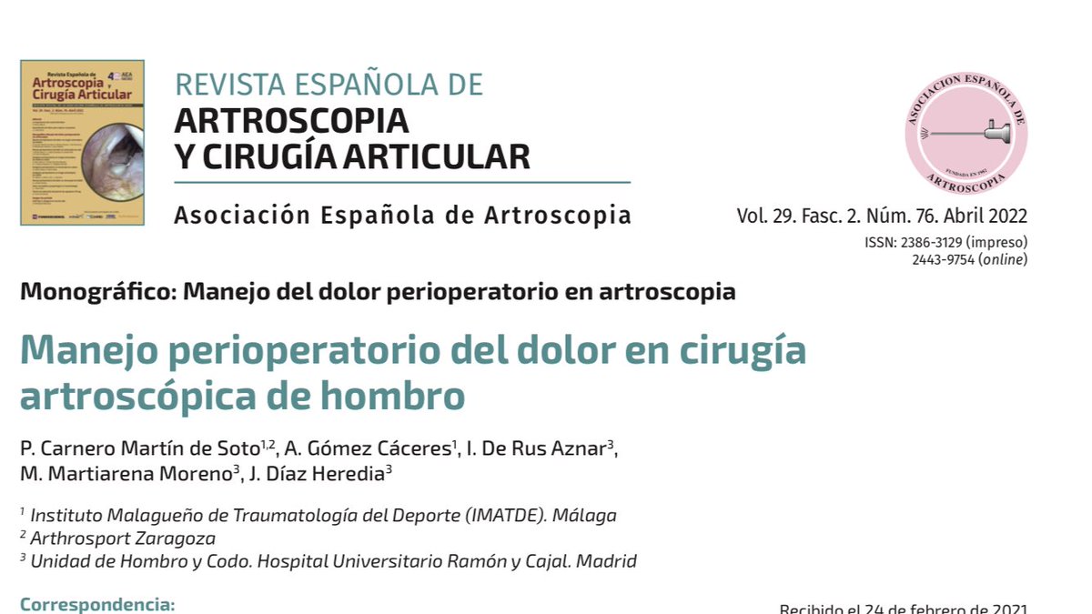 DrCarneroP's tweet photo. El control del dolor tras una artroscopia de hombro es uno de los factores más importantes para conseguir la satisfacción de nuestros pacientes. Feliz de ver publicada nuestra revisión sobre el tema☺️ en #reaca @aeartroscopia
https://t.co/6mK28lPJ42 https://t.co/dINlYcmOnK