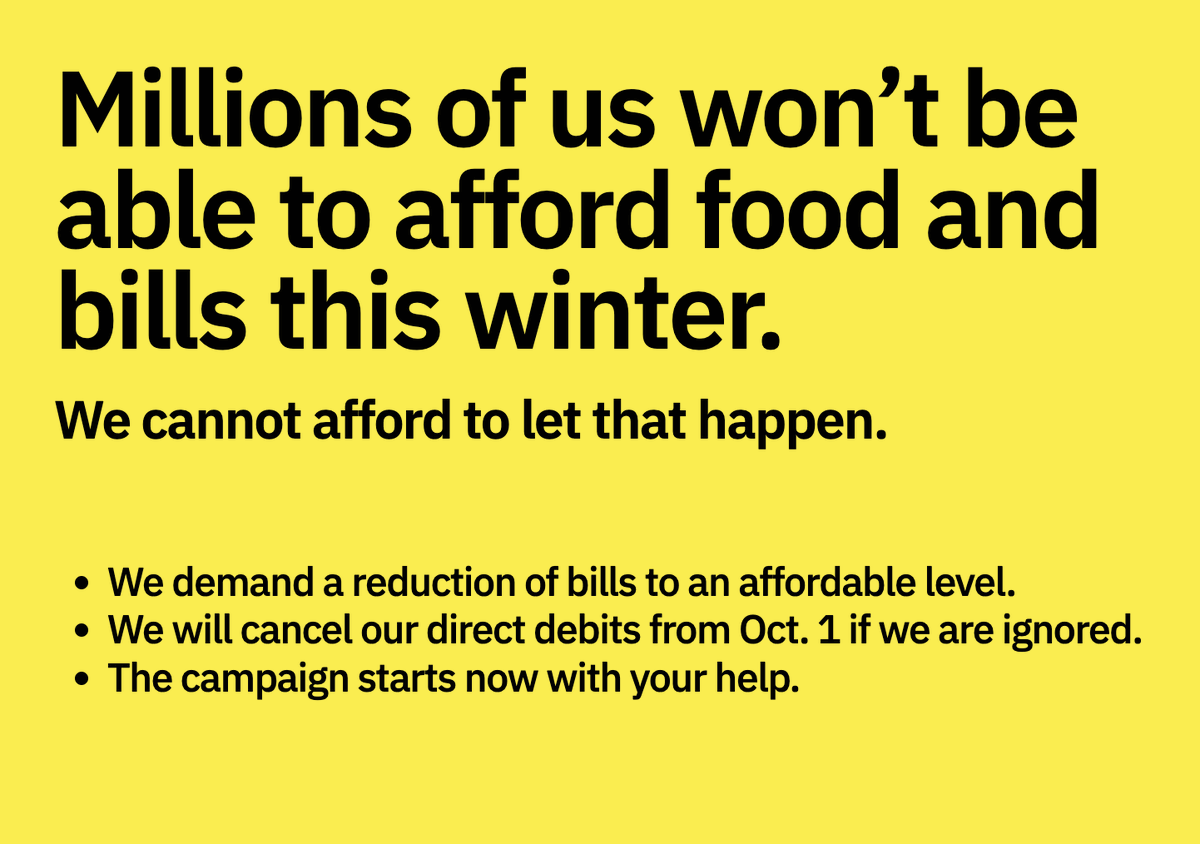It's a simple idea: We demand the govt scrap the energy price rises and deliver affordable energy for all. We will build a million pledges and by Oct 1st if the govt and energy companies fail to act we will cancel our direct debits. Read more here: dontpay.uk
