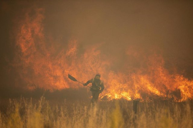 OscarBForestal's tweet photo. Esta foto de @EmilioFraile demuestra el coraje y la valentía de todos los bomberos forestales de España, no siempre se puede actuar y hay que aprovechar una posible actuación que sea segura, sabemos que nuestra vida es lo primero. #OACEL #IFSierraDeLaCulebra. https://t.co/jXzPgilXad