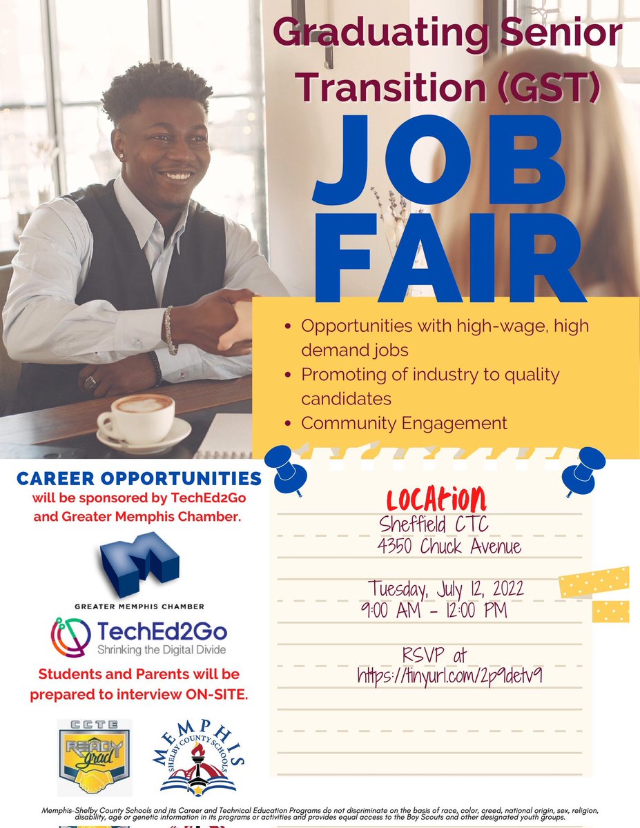 SCSSuptRay's tweet image. RECENT GRADS: begin your professional journey! Calling all the recent Graduating Seniors to join @SCS_CCTE, TechEd2Go and @MemphisChamber on July 12 for the GST Job Fair. Don't miss this valuable opportunity. #CCTEReadyGrad #Classof2022