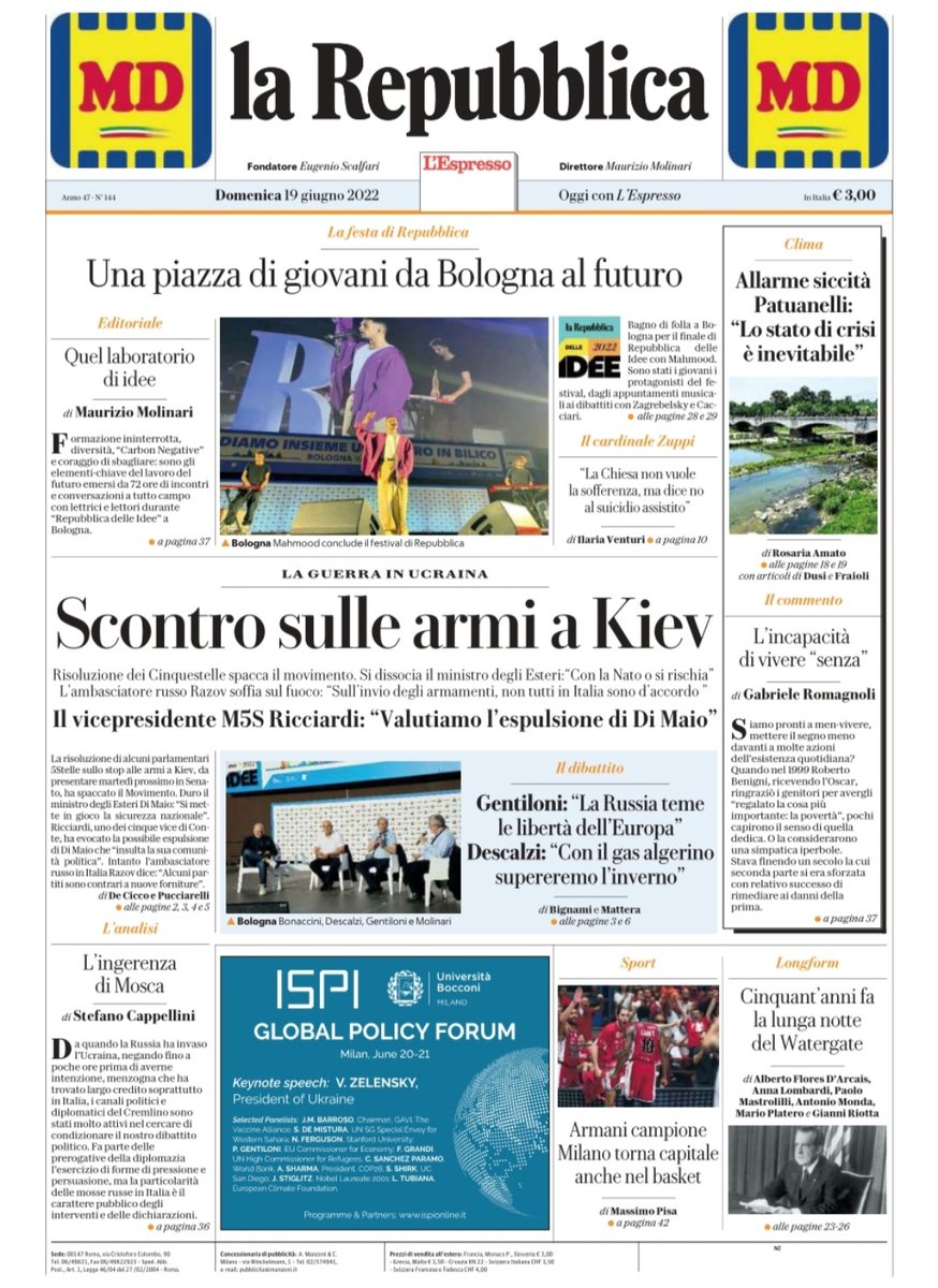 pazzoperrep's tweet image. La prima pagina di oggi. 

MM su #RepIdee2022, Romagnoli sulla siccità e lo scudetto dell&apos;Olimpia Milano nel fogliettone.