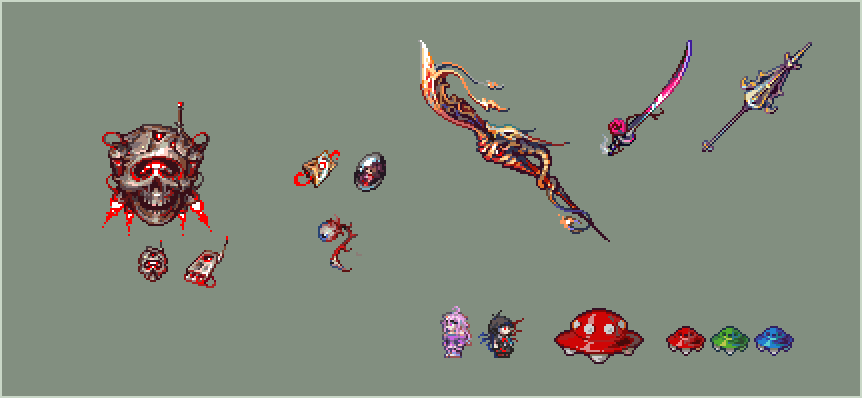 Sorry for the inactivity, have been focusing on more irl stuff. anyway have more sprite clumps for stuff i made for AFK Pets and Scarlet's Tmods. #pixelart #spriting #terraria #art