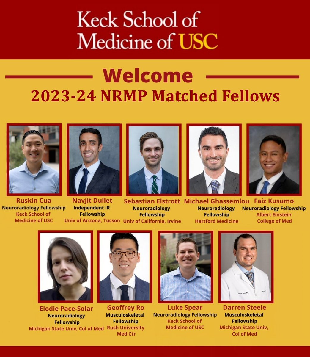 Congratulations 👏 to our recent @TheNRMP #FellowsMatch, incoming 2023-24! From the west coast to the east, and all of the raddest programs in between 😉. Welcome to the #TrojanFamily ✌️ #FightOn #AcademicRadiology #MedTwitter #Fellowship