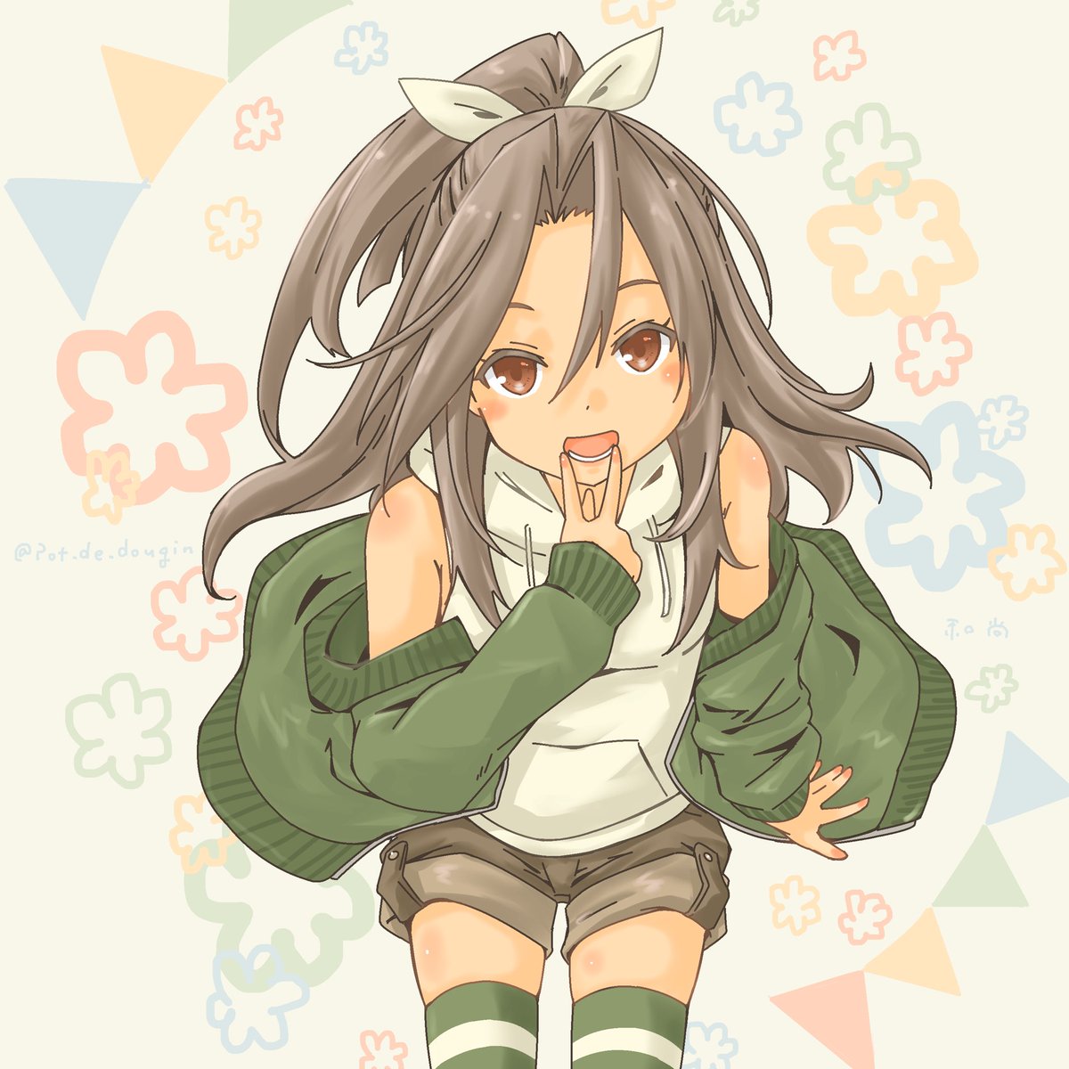 zuihou (kancolle) 1girl solo shorts brown eyes thighhighs long hair hood  illustration images