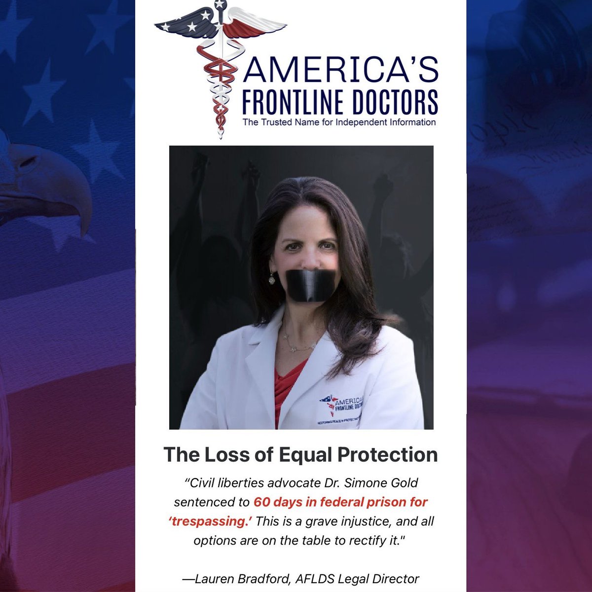 BREAKING: The Biden DOJ has decided to make an example of those who speak out for constitutional rights in this country. 60 days in prison for ‘trespassing’? 

This injustice must not stand. 

Help us fight back:
AFLDS.org/FreeDrGold • #FreeDrGold