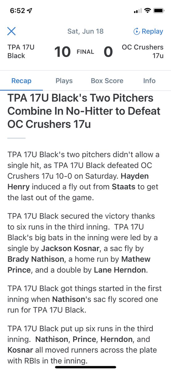 Brandon Mitchell (@bmitch_tpa) on Twitter photo <a href="/tpanationals/">TPA Nationals</a> 17u Black taking care of business in game 2 of the day. 10-0 win, capped by a 2-run HR for uncommitted 2023 <a href="/MattPrince2023/">Matthew Prince</a> + a combined no-hitter between uncommitted 2023’s <a href="/herndon_lane/">Lane Herndon</a> & <a href="/haydenhenry21/">Hayden Henry</a>. Bracket play coming tomorrow! <a href="/tpanationals/">TPA Nationals</a> 17u Black taking care of business in game 2 of the day. 10-0 win, capped by a 2-run HR for uncommitted 2023 <a href="/MattPrince2023/">Matthew Prince</a> + a combined no-hitter between uncommitted 2023’s <a href="/herndon_lane/">Lane Herndon</a> & <a href="/haydenhenry21/">Hayden Henry</a>. Bracket play coming tomorrow!