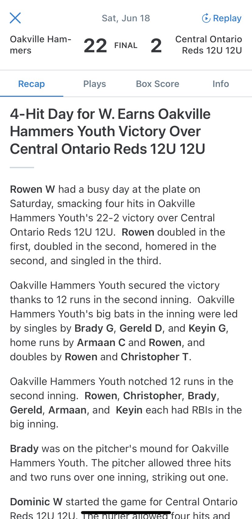 Oakville Hammers Baseball Club on Twitter "Hammers Youth got a big win