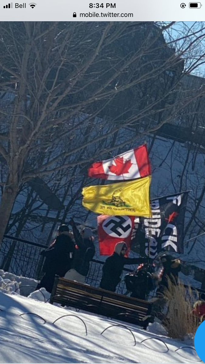 GeoffyPJohnston's tweet photo. Good people donโt wave Nazi flags. Decent people donโt bring โFu*ck Trudeauโ flags to a โprotest.โ Good people do not mock & ridicule medically vulnerable people who need to wear masks to protect their lives. Good people do not terrorize businesses & residential neighbourhoods. https://t.co/gEBUpxECPc