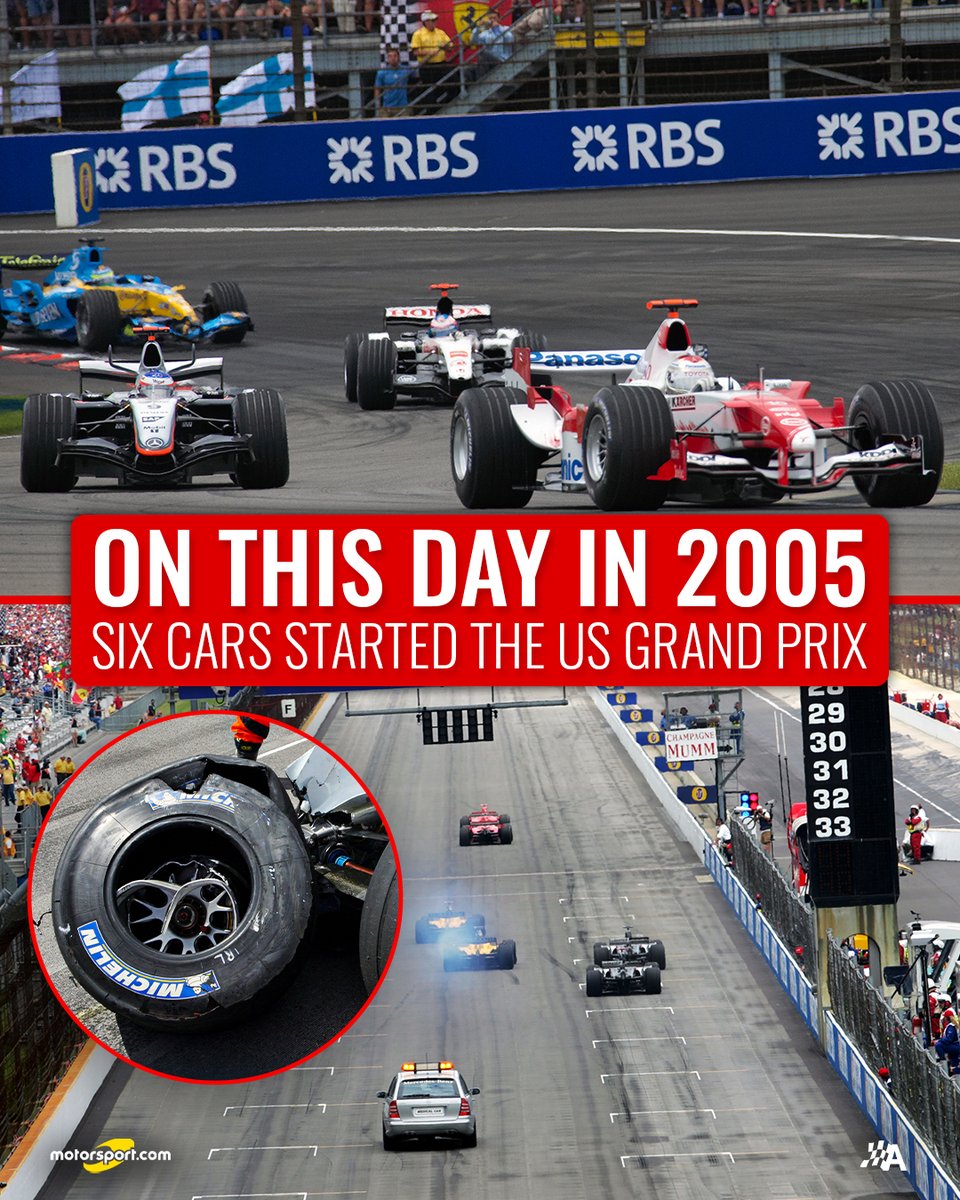 autosport's tweet photo. 🗓 #OnThisDay in 2005 controversy exploded at the USGP as just 6️⃣ cars started the race following the Michelin-shod teams withdrawal at the end of the formation lap! 🤯🫣
#F1 #Autosport #USGP #Tyregate https://t.co/klEIgfvZRF