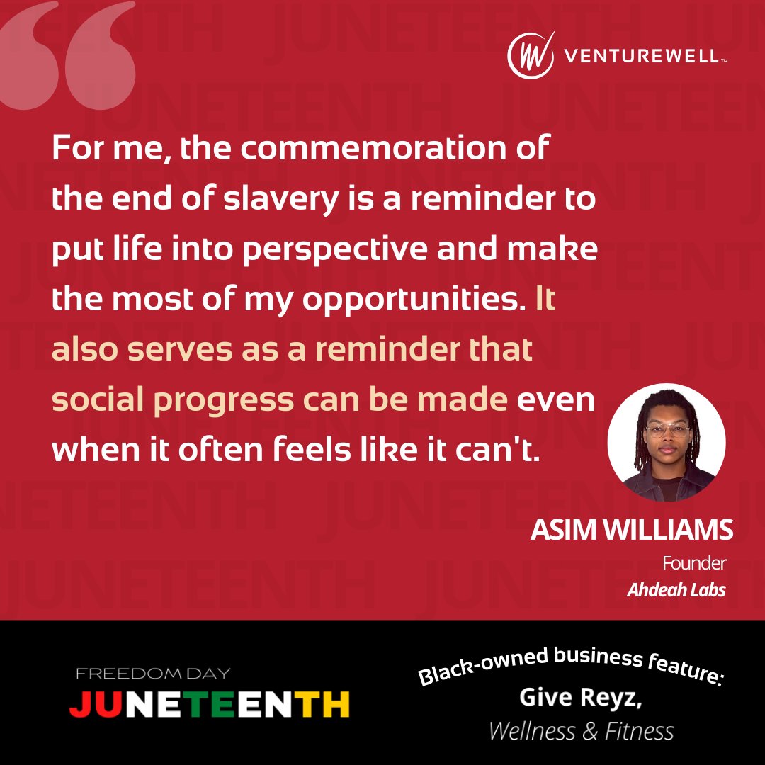 venturewell's tweet photo. Happy #Juneteenth weekend! Members of our family (from staff members to program alum) shared what Juneteenth means to them and how they celebrate. Read what Asim shared and also the featured #blackowned business @GiveReyz. Check out our IG &amp; LinkendIn for more! 🖤💛❤️💚 https://t.co/8gj8dflq3e