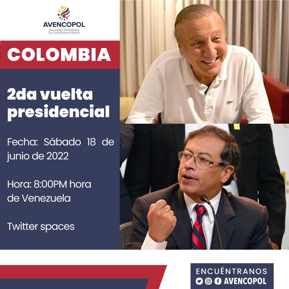 Esto es ahora en vivo en la cuenta de <a href="/avencopol/">AVENCOPOL</a>: un análisis de la segunda vuelta presidencial colombiana de mañana. Todos invitados