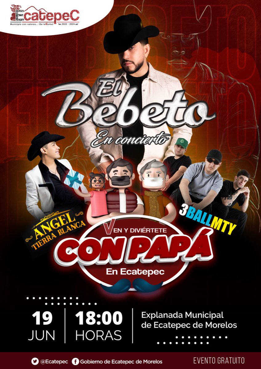 FerVilchisMx's tweet photo. #LoLegal 🎶 | Vecinos de este gran municipio, los invito a que nos acompañen a festejar a🧔🏻papá al ritmo de 🤠 @El_Bebeto, @angeltierrab y @3BallMTY, quienes te esperan en la explanada municipal de San Cristóbal Centro, este domingo a partir las 6:00 de la tarde.
#DíaDelPadre2022 https://t.co/tSnCla1THA