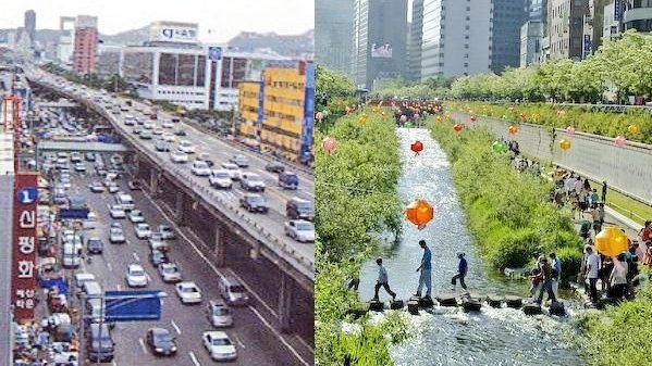 Goodable's tweet photo. In 2003, the city of Seoul, South Korea, bulldozed a major expressway and replaced it with a stream and a 1,000 acre park.

Not only did it boost the city's public life, but it also improved traffic.

🇰🇷 https://t.co/R6kUyABnZy