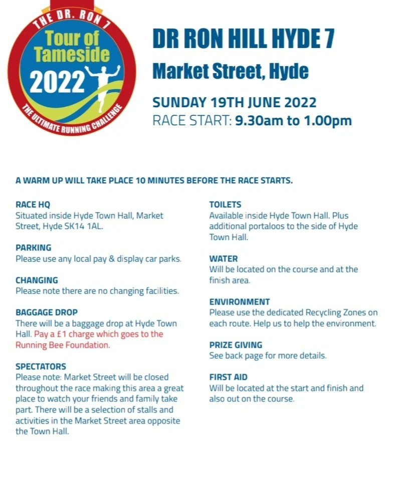 prettybirds7's tweet photo. Final day of this year's #TOT22
DR Ron Hill Hyde 7 - 9.30 start
MyFirst Mile - after last runner has gone at the start
Entires available on the day at RACE HQ 🙌🐝
#BeeActiveBeeHealthyBeeHappy https://t.co/qI5BKYLekb